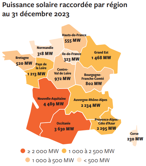 La carte ci-dessous détail la puissance solaire raccordée par région au 31 décembre 2018.