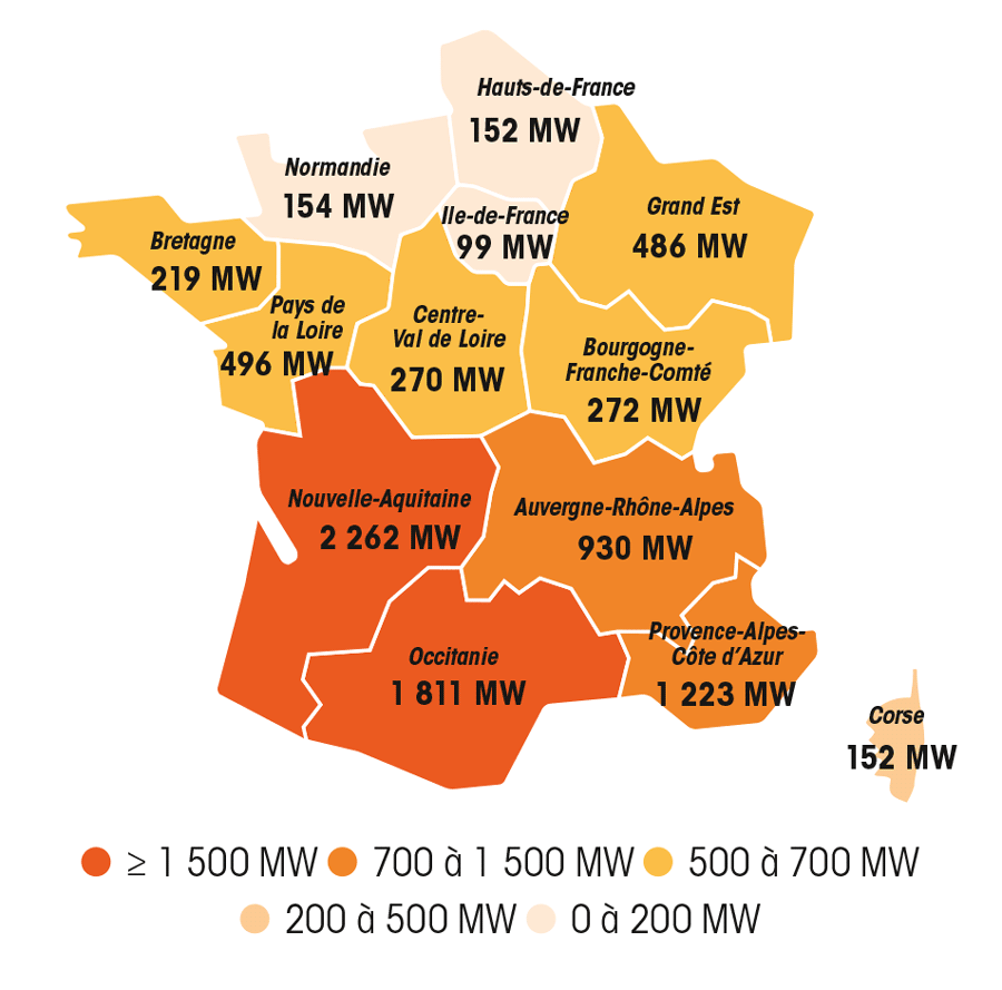 La carte ci-dessous détail la puissance solaire raccordée par région au 31 décembre 2018.